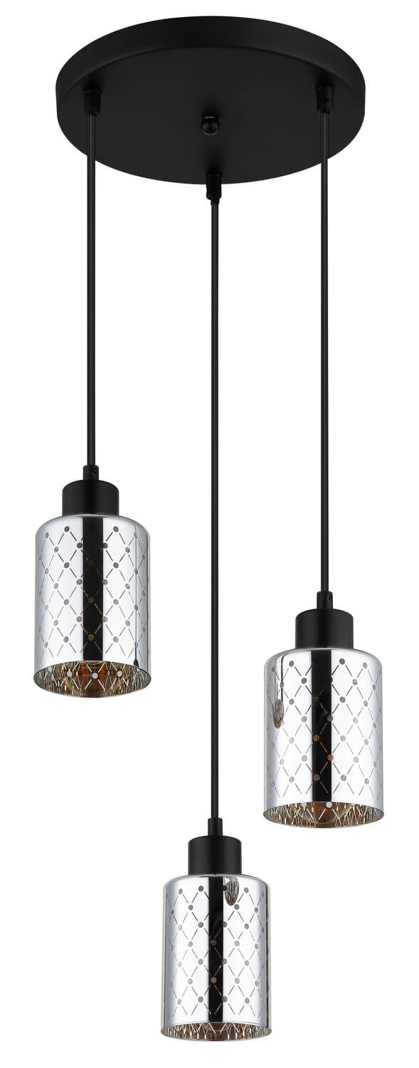 Suspension noire vue de face, trois abat-jours cylindriques en verre à motif losanges dorés