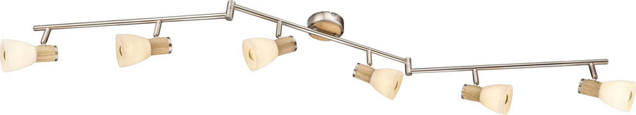 Vue de face du plafonnier nickel satiné, six têtes en bois clair et verre opalin