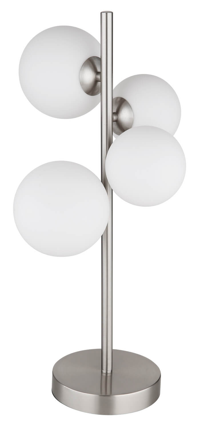 Lampe éteinte, globes opale blancs et structure nickel satiné, fond blanc