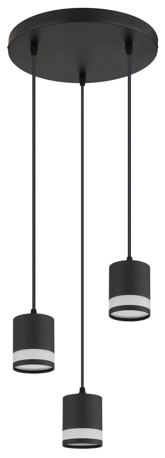 Vue de face de la suspension noire avec trois cylindres et bandes blanches.