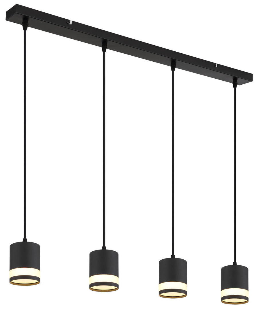 Suspension noire à quatre cylindres allumés, suspendus sous une barre rectangulaire, fond blanc