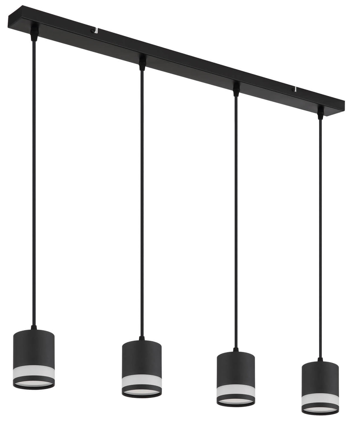 Vue de trois quarts du luminaire, diffuseurs blancs éclairés et finition noire mate