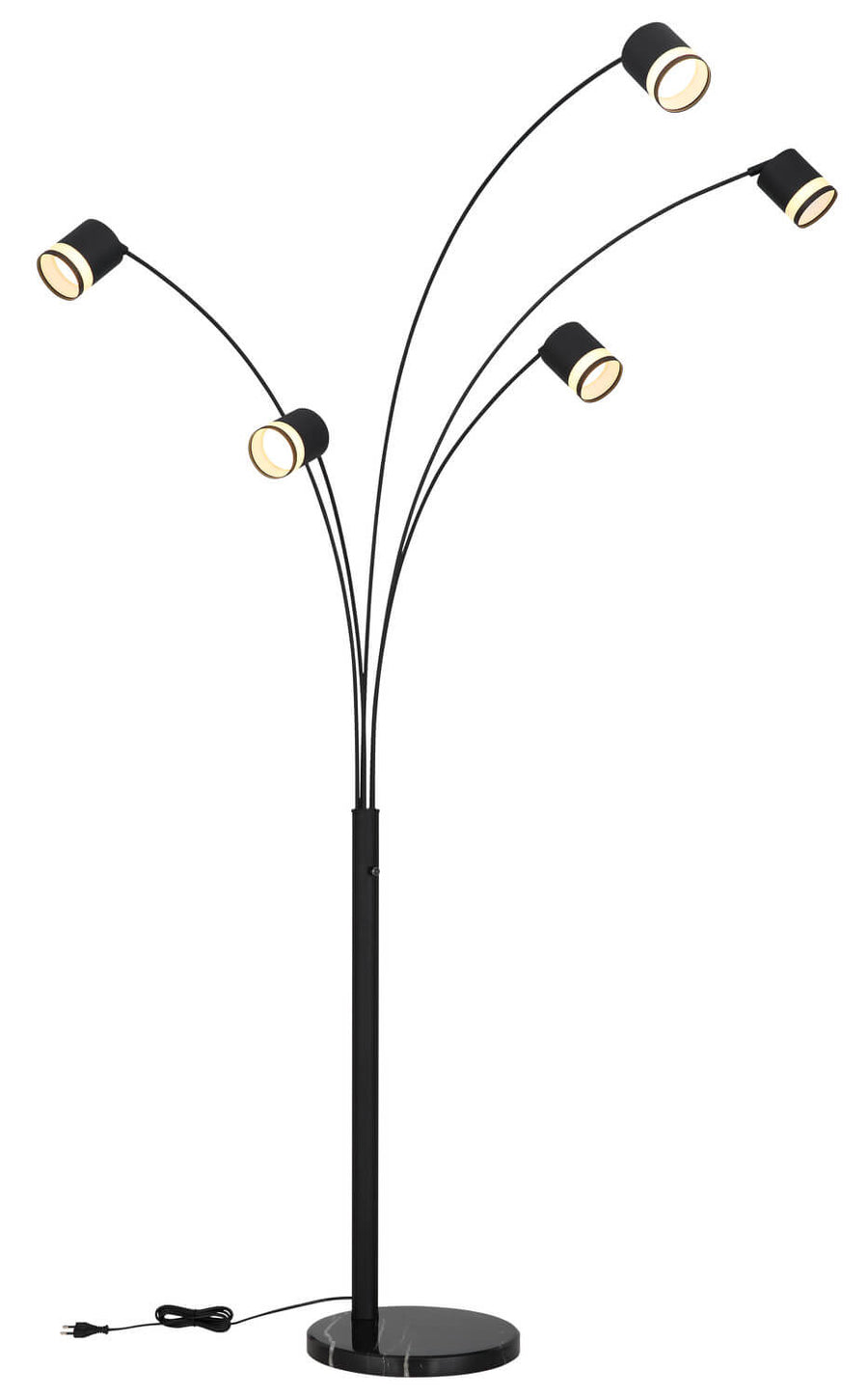 Vue de face du lampadaire noir avec cinq bras courbes, têtes cylindriques et base marbre.