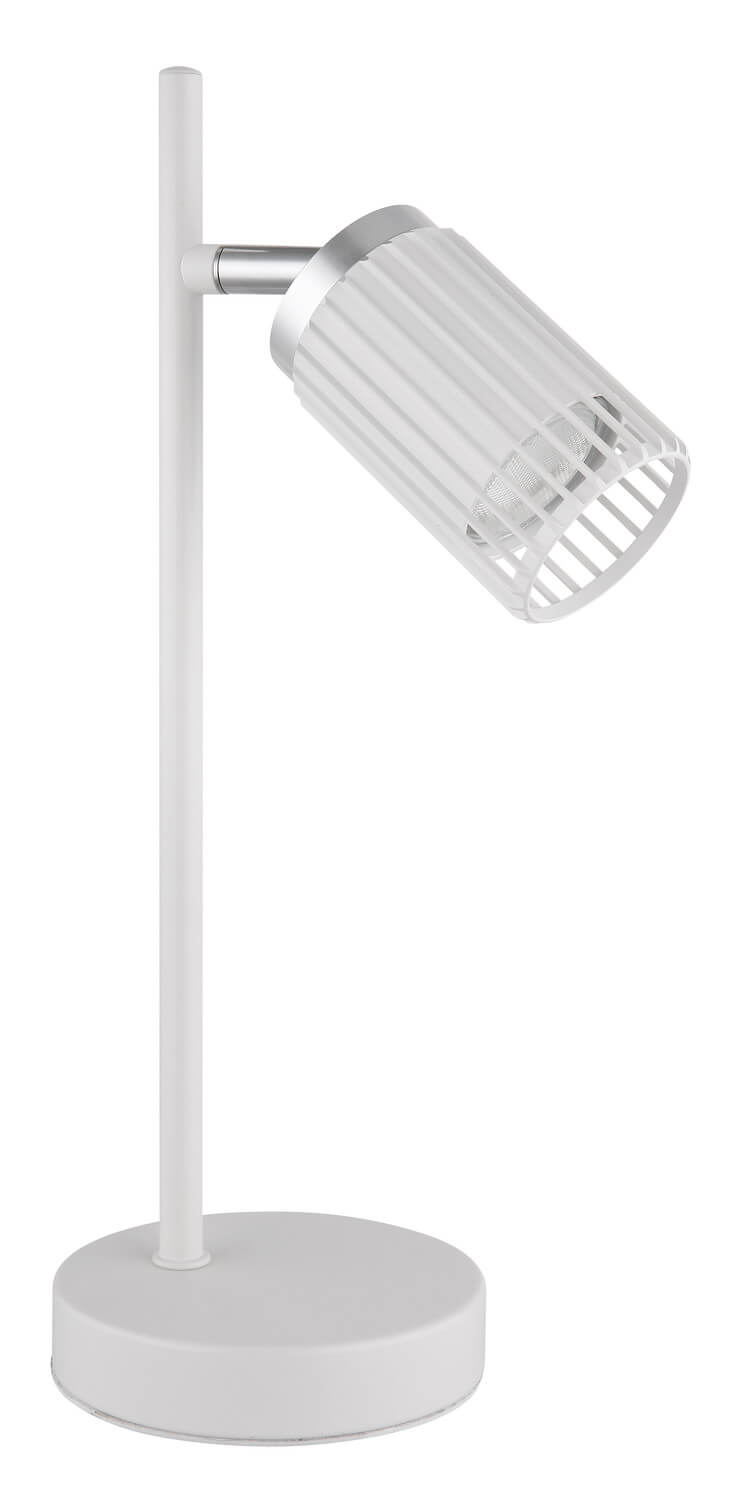 Vue rapprochée du luminaire éteint, montrant l'abat-jour cylindrique blanc et sa structure ajourée.