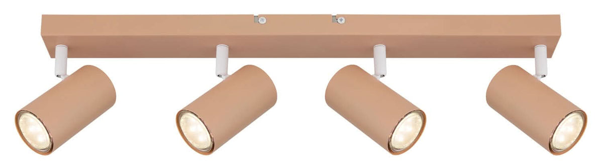 Vue de face du luminaire quatre spots beige, barre horizontale et projecteurs cylindriques alignés.