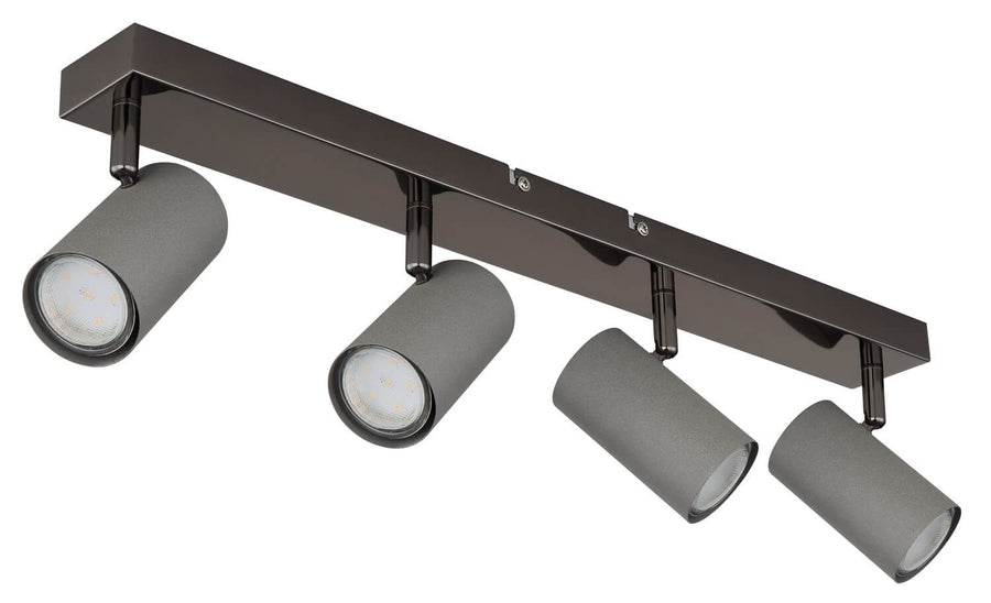Vue de face du luminaire montrant les quatre spots et les LED allumées