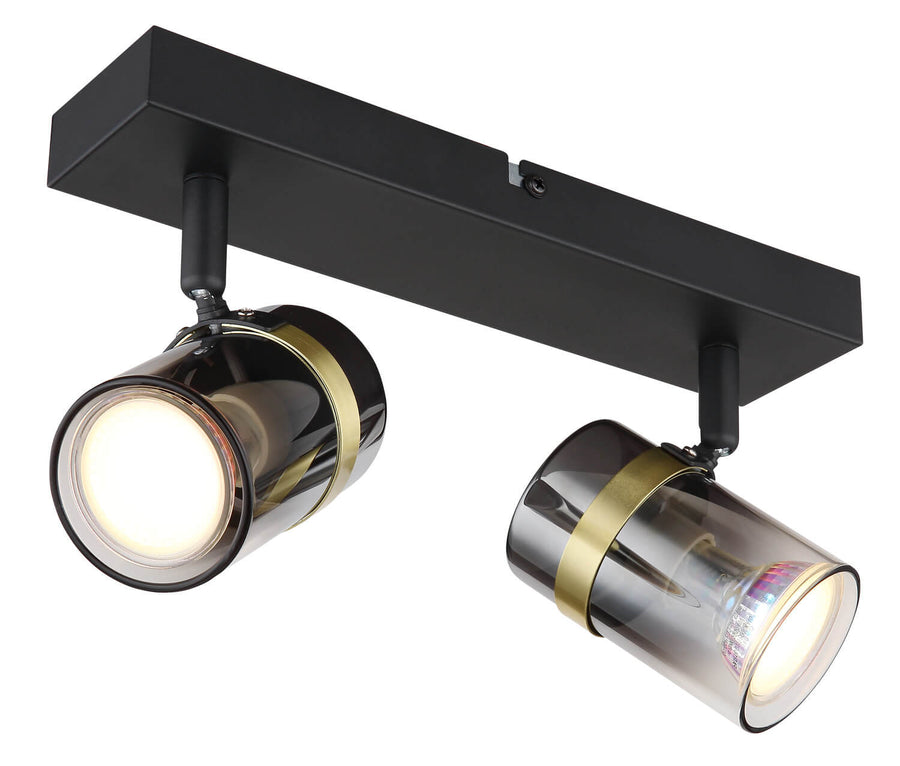Vue trois quarts du double spot noir mat à verres fumés et liserés dorés