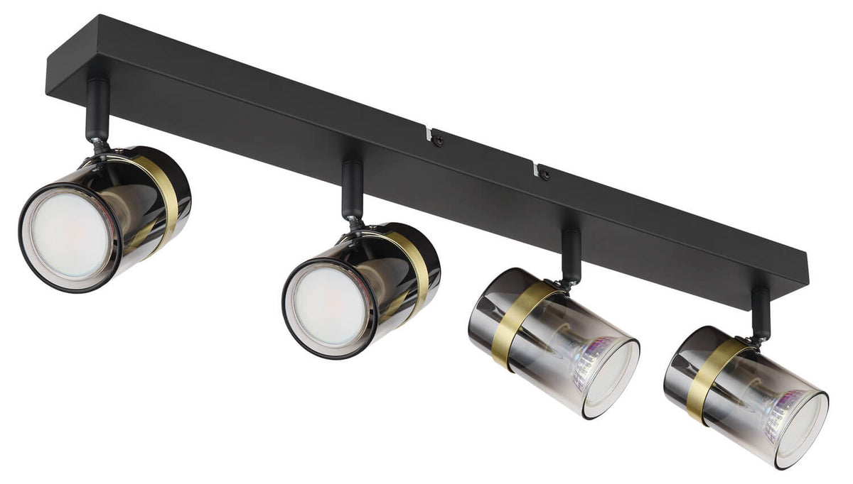 Vue rapprochée du luminaire avec spots orientés vers le bas et support noir.