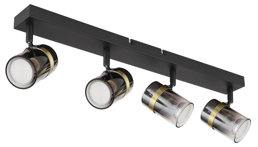 Vue rapprochée du luminaire avec spots orientés vers le bas et support noir.