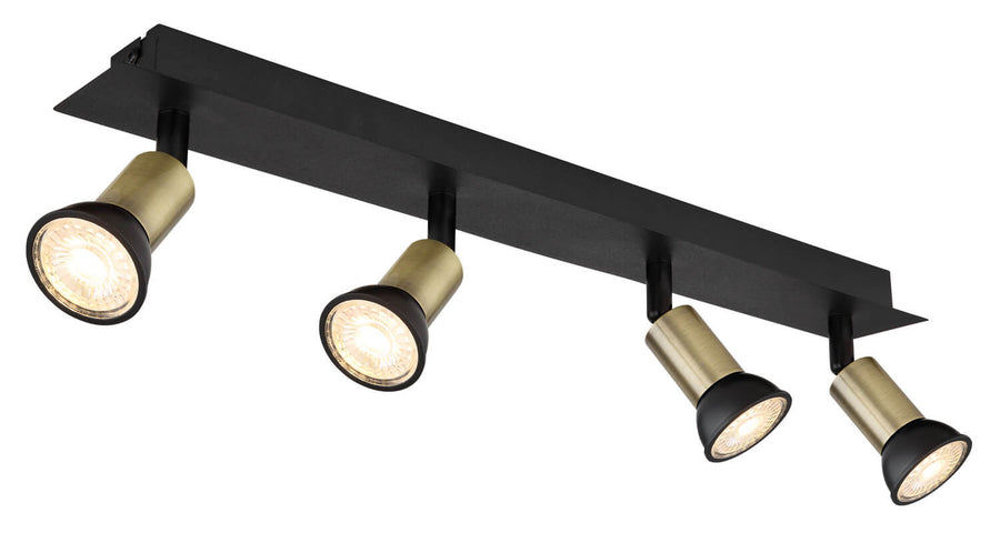 Second angle du luminaire noir et laiton sur fond blanc, montrant la barre rectangulaire.