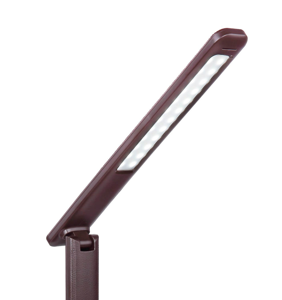 Détail de la tête LED allongée et de l'articulation, texture extérieure façon cuir.