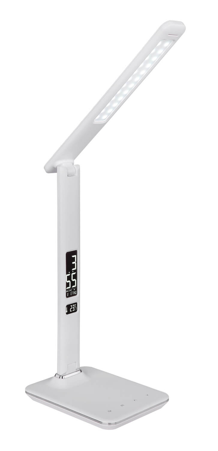 Vue rapprochée de la lampe blanche, mettant en valeur l'écran et la base tactile.