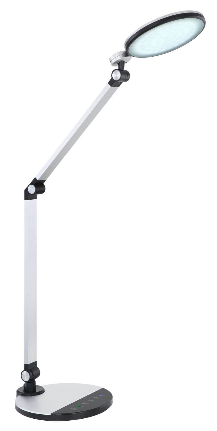 Lampe de bureau allumée, lumière froide, base tactile, présentée sur fond blanc.