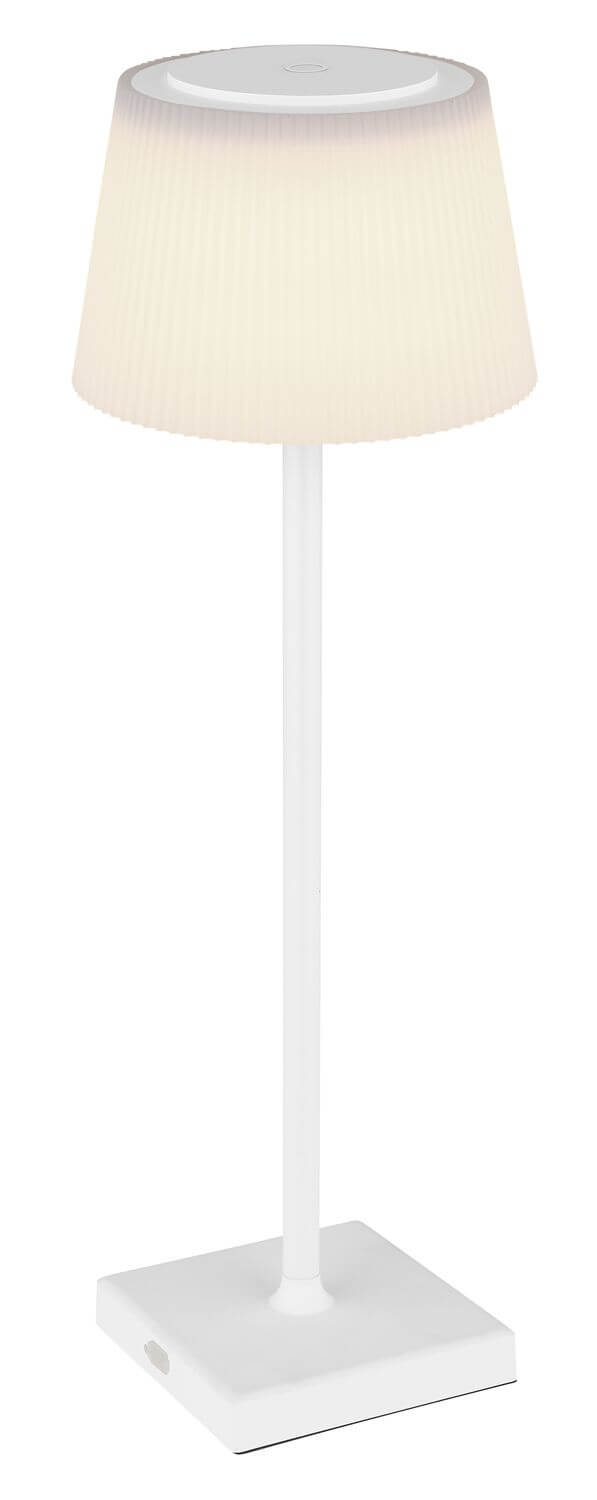 Vue en légère plongée de la lampe blanche, mettant en valeur le pied et la base