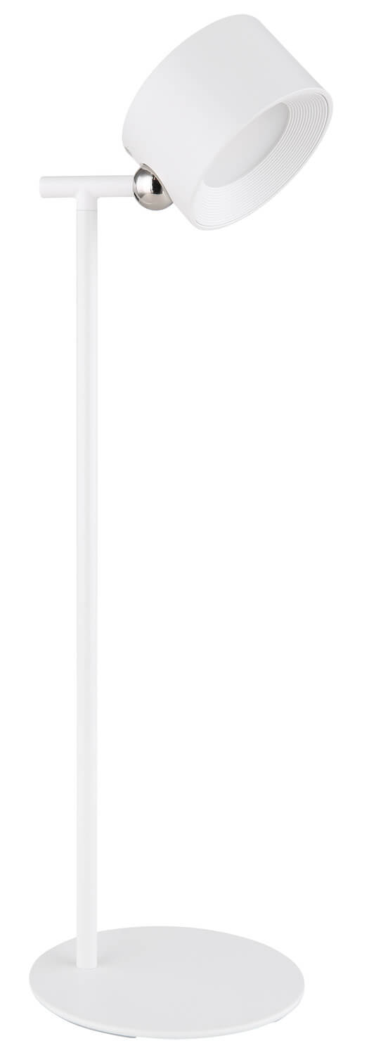 Vue de trois quarts de la lampe blanche, mettant en valeur sa silhouette épurée.