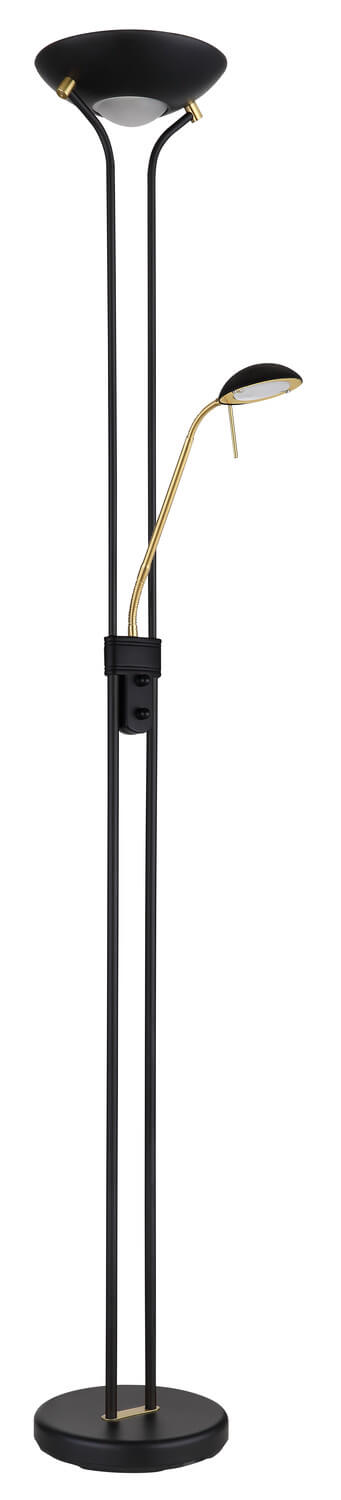 Lampadaire entier sur fond blanc, diffuseur haut noir et tige dorée