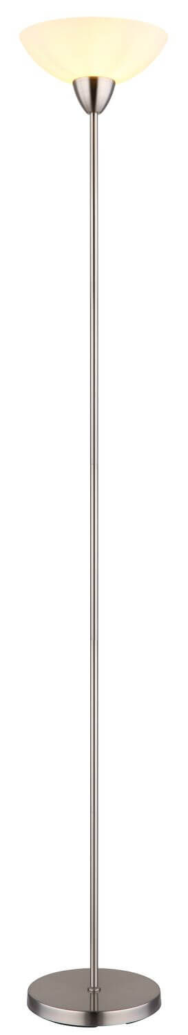 Vue en pied du lampadaire sur fond blanc, tige fine et base ronde.