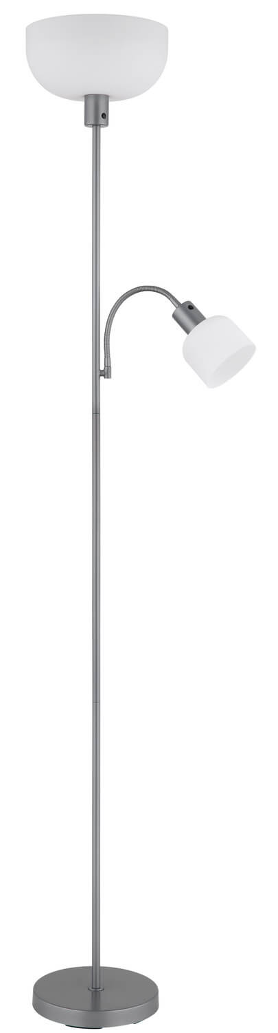 Vue de face du lampadaire argenté, abat-jour principal blanc et liseuse dirigée.