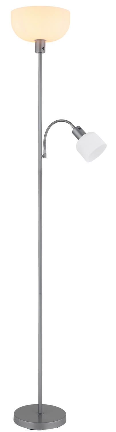 Détail du lampadaire argenté avec diffuseur supérieur allumé, liseuse éteinte.