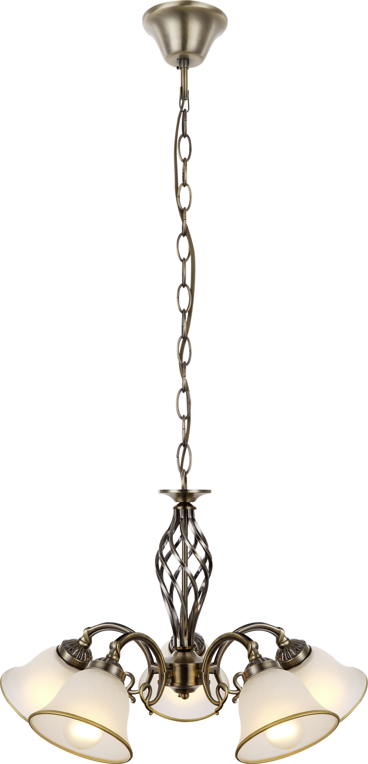 Vue du luminaire suspendu avec chaîne et corps central en métal ajouré.