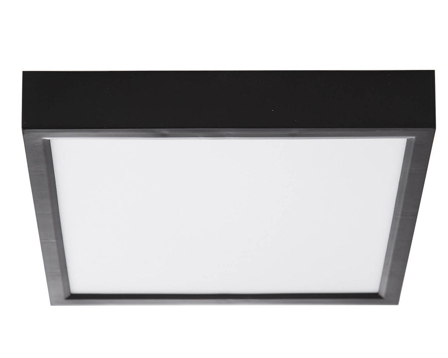 Vue de face du plafonnier carré noir avec large diffuseur blanc
