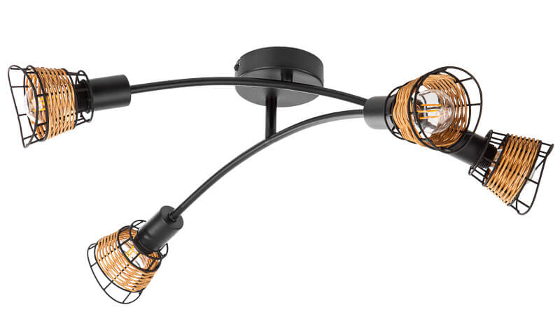 Vue rapprochée du plafonnier montrant les bras courbés et les cages en rotin doré