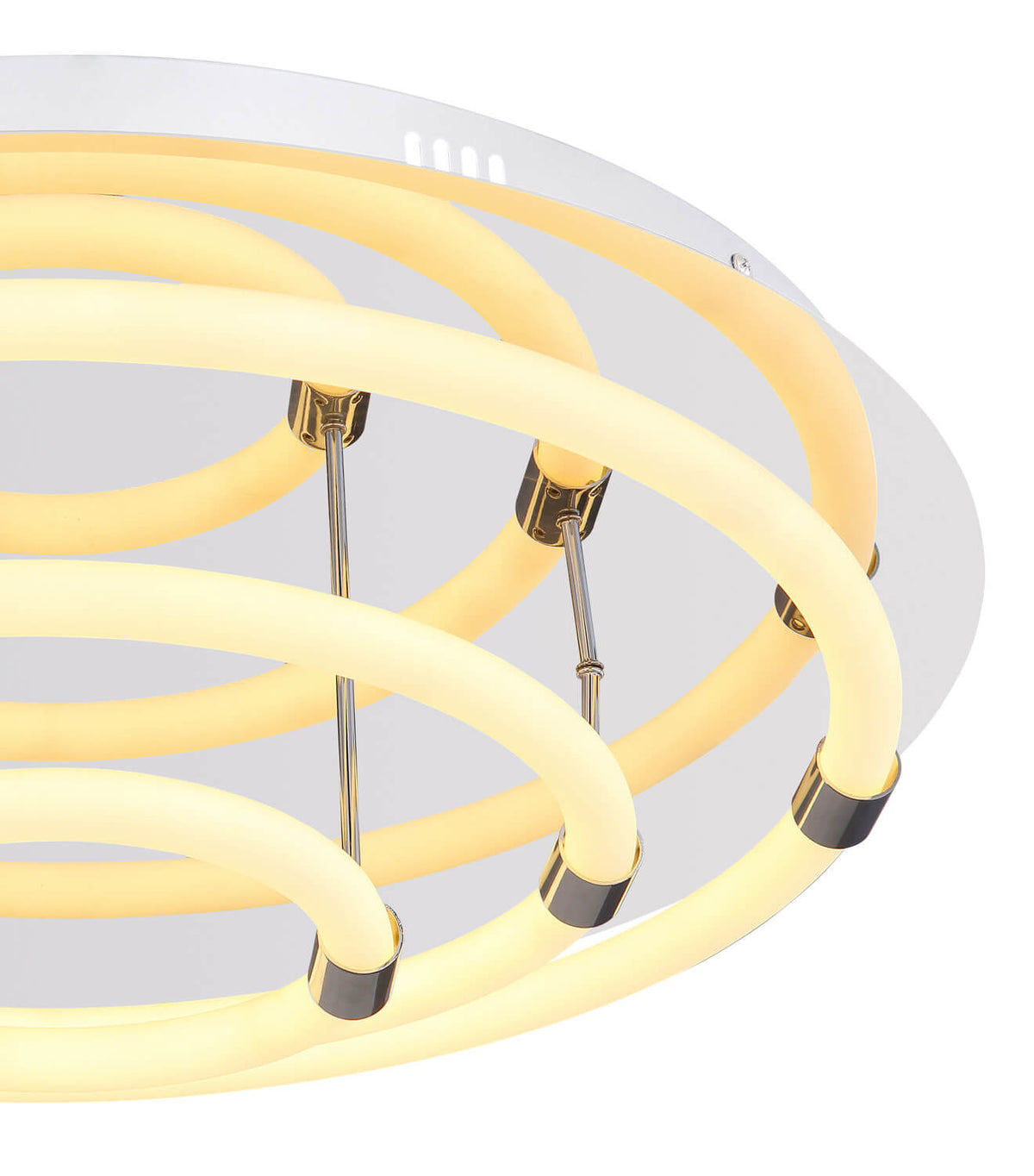 Détail rapproché des fixations chromées et des tubes lumineux des anneaux