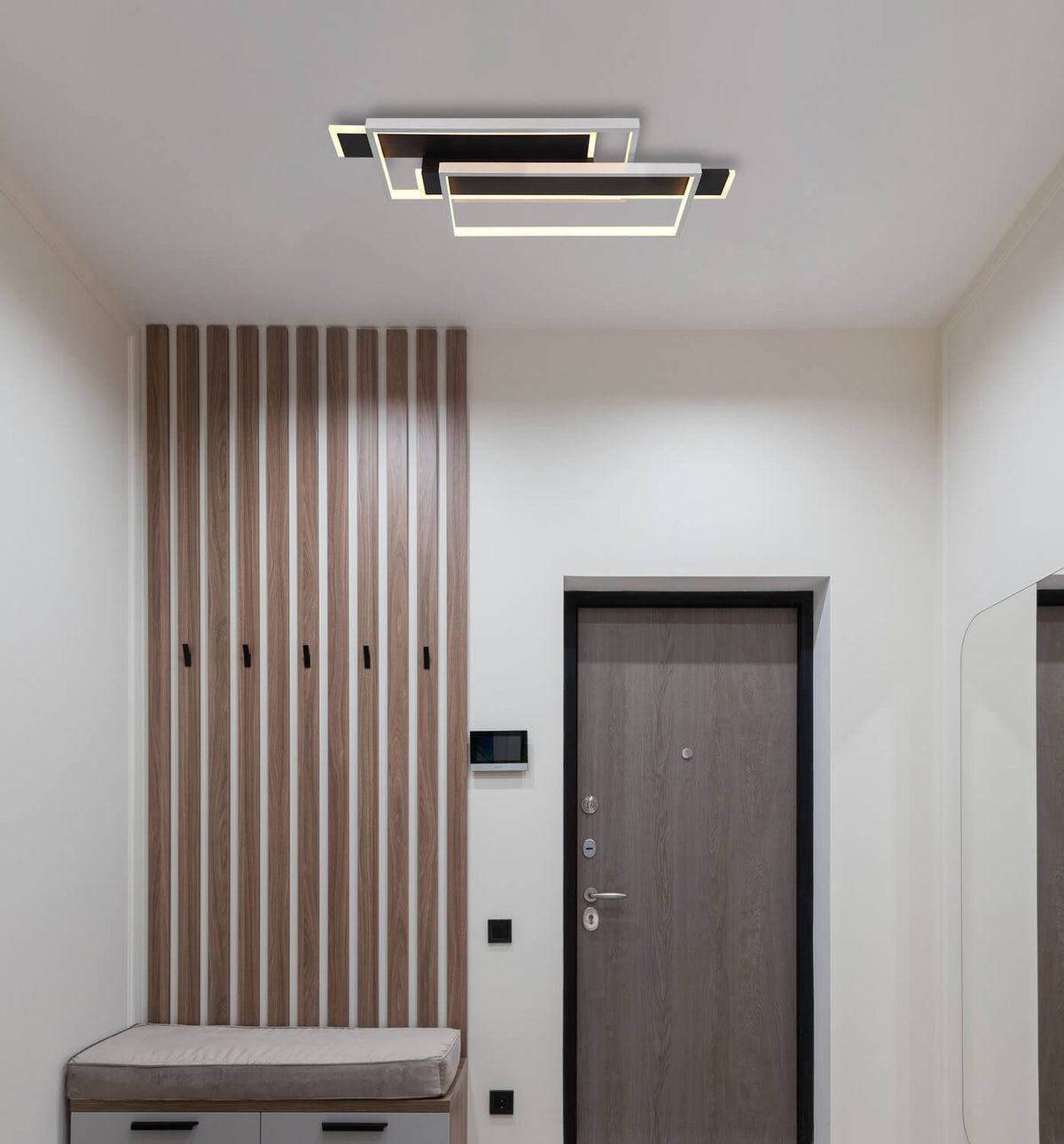 Mise en ambiance dans une entrée moderne avec meuble à lattes de bois