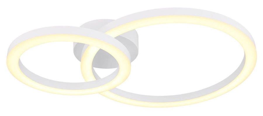 Détail rapproché des anneaux lumineux et du socle central en métal blanc mat