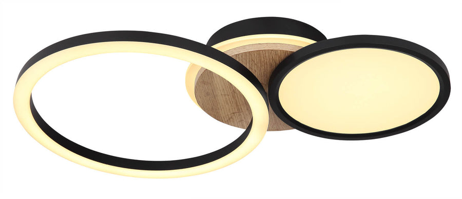 Vue de biais du luminaire, anneau ovale et diffuseur lumineux allumé