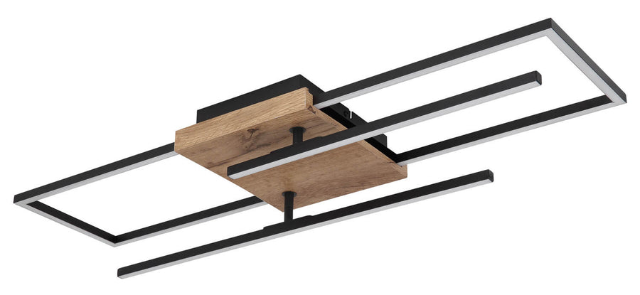 Autre angle du luminaire, structure noire et bois, éclairage LED périphérique visible