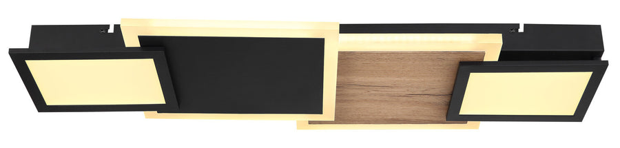 Profil du luminaire noir et bois, panneaux LED allumés, vue latérale sur fond blanc.