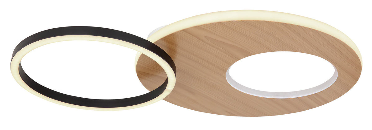 Détail du petit anneau noir et du disque en bois, éclairage LED allumé