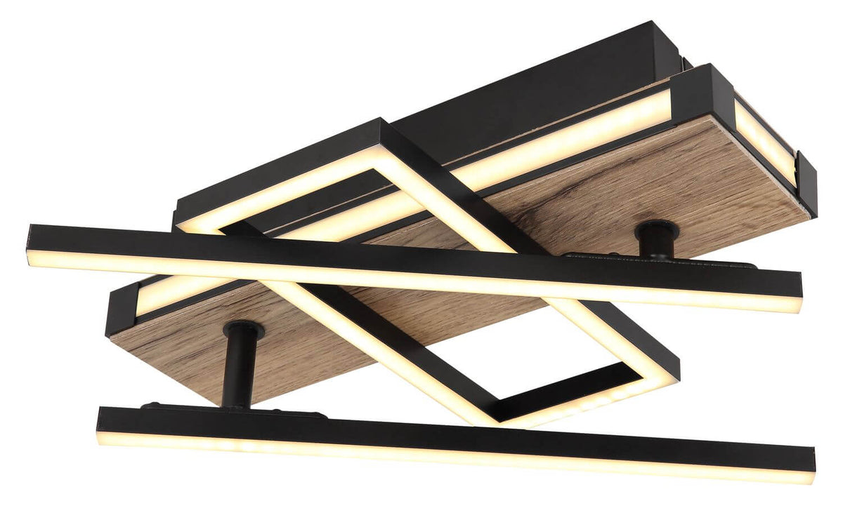 Détail de la finition : cadre métallique noir, panneau bois et rubans LED lumineux.