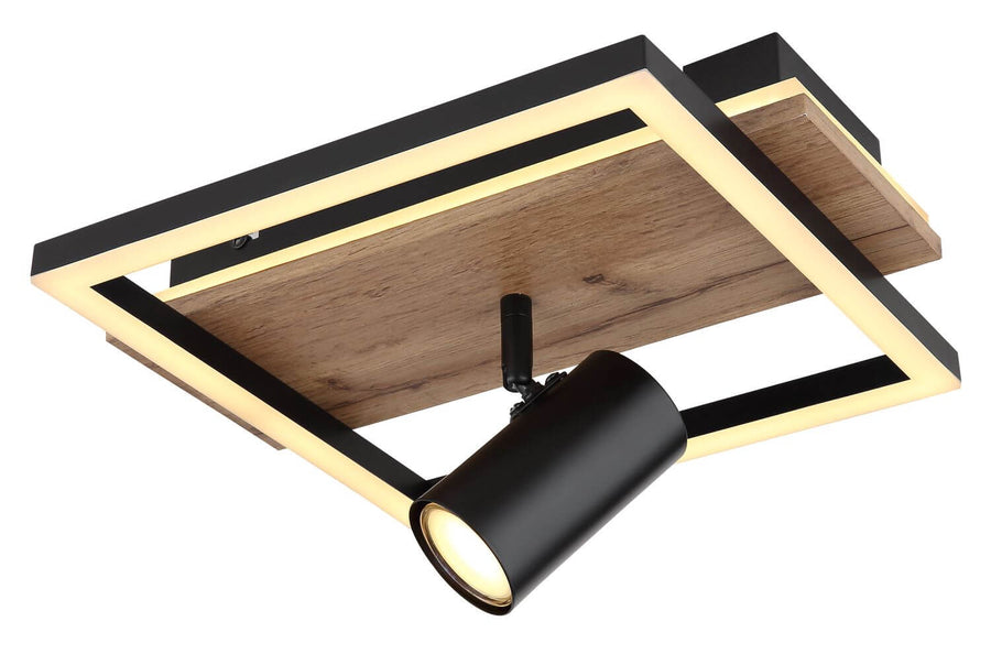 Détail du cadre noir et du bandeau LED entourant le panneau effet bois.