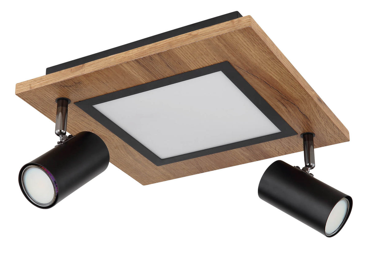 Détail du diffuseur carré blanc éteint, cadre noir et bordure bois