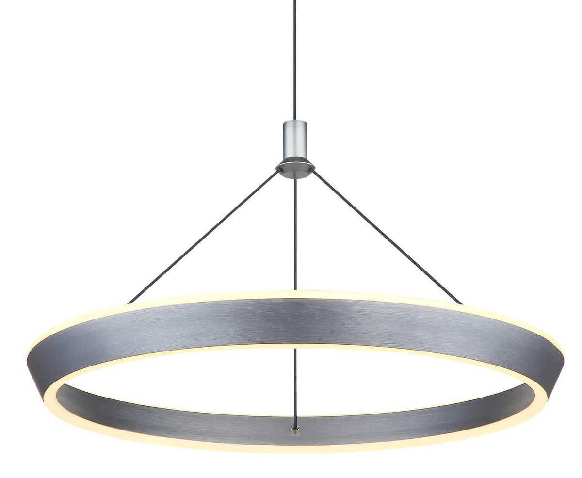 Gros plan sur l'anneau gris brossé et son éclairage LED périphérique