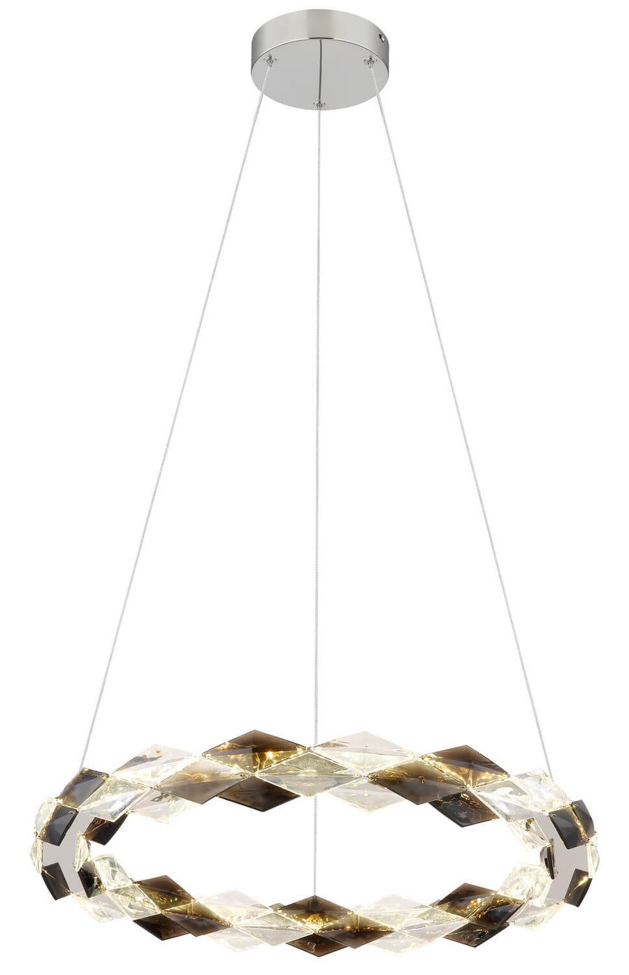 Vue de trois quarts du luminaire suspendu, mettant en valeur le cercle de cristaux