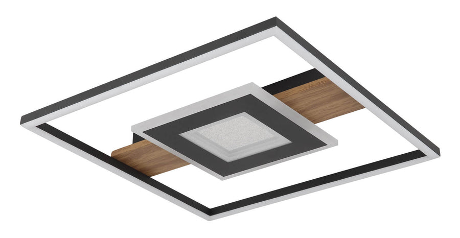 Vue de trois quarts du plafonnier, cadre carré noir et insert en bois