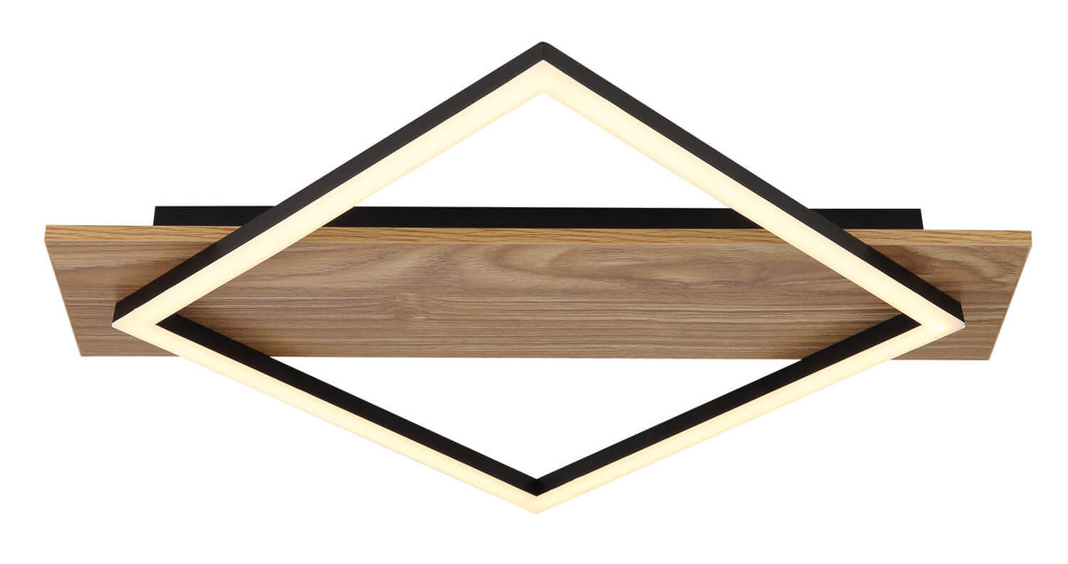 Vue de face du plafonnier carré noir mat, cadre lumineux et panneau bois horizontal.