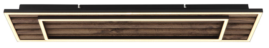 Vue du dessous du plafonnier montrant structure rectangulaire, bois et éclairage LED.