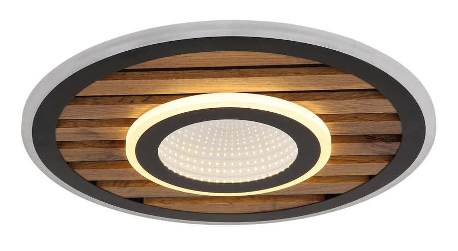 Vue du plafonnier allumé avec anneau LED et diffuseur central en fonctionnement