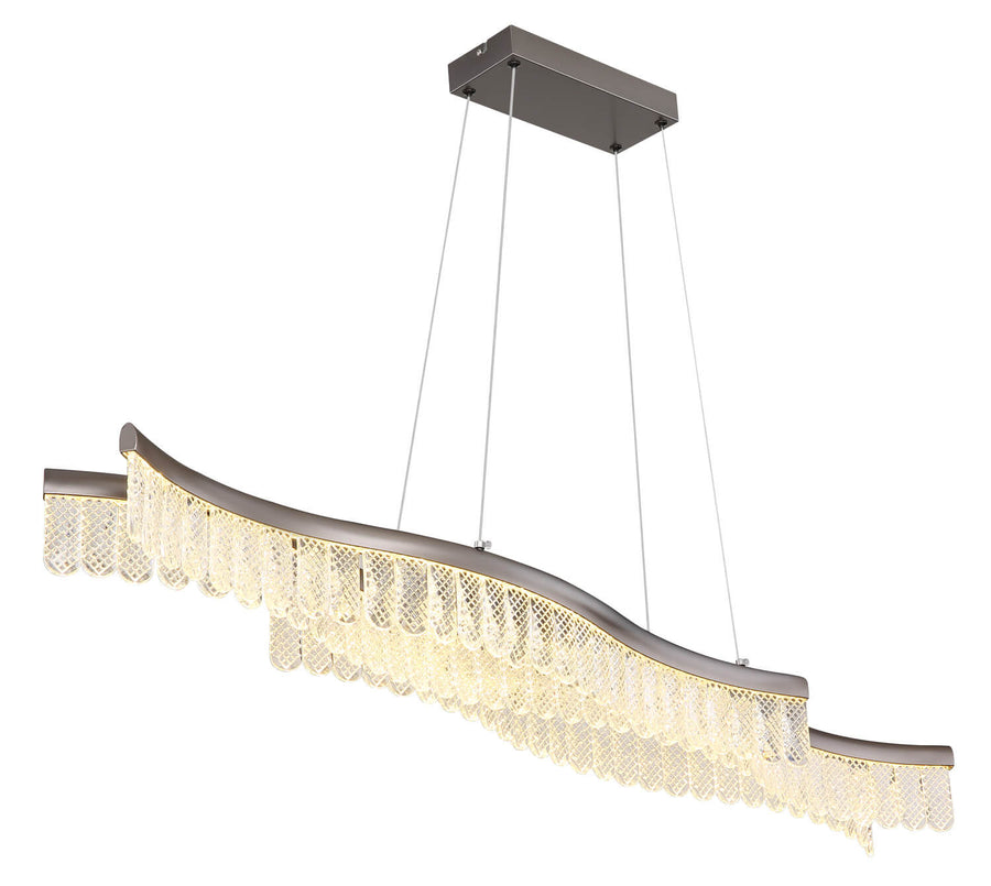 Suspension linéaire anthracite avec franges cristal, vue de trois quarts sur fond blanc.