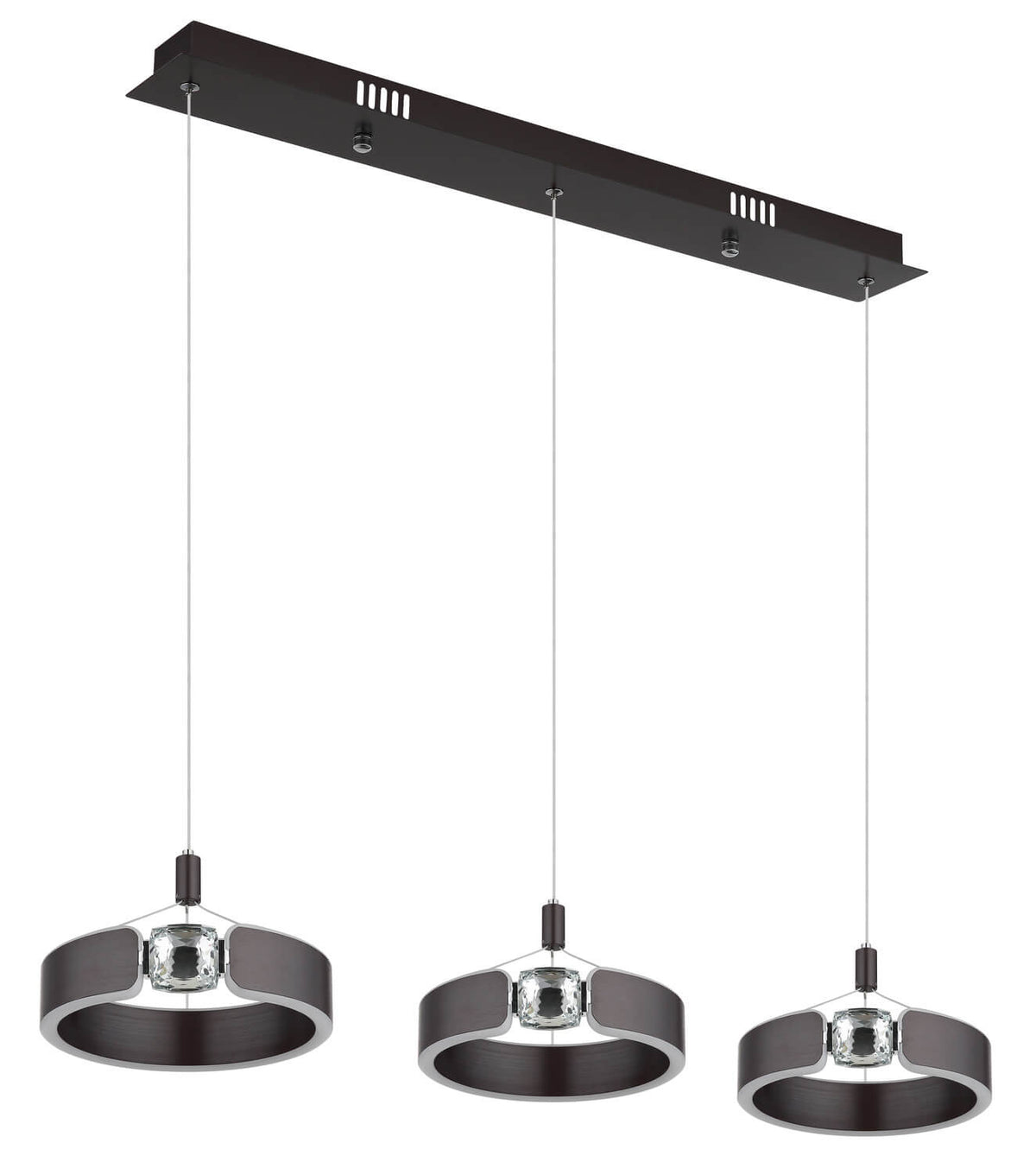 Vue détaillée du luminaire éteint, anneaux métalliques et blocs de verre centraux