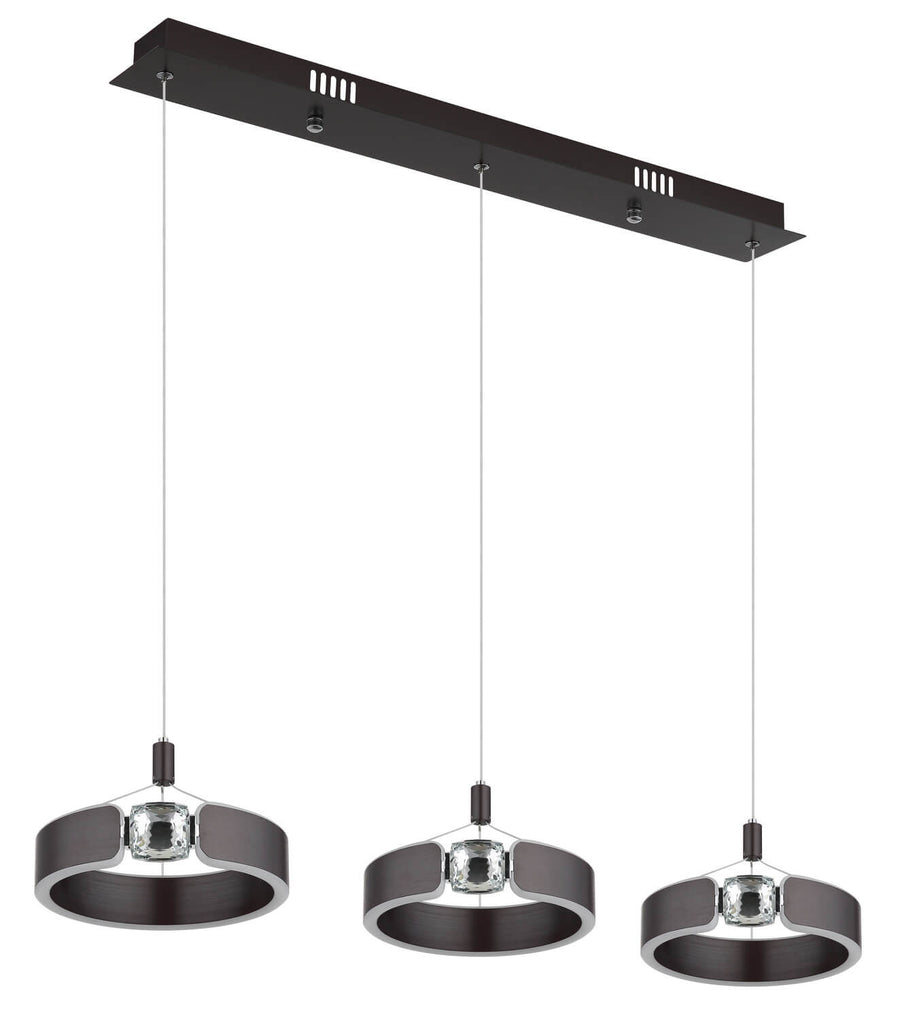 Vue détaillée du luminaire éteint, anneaux métalliques et blocs de verre centraux