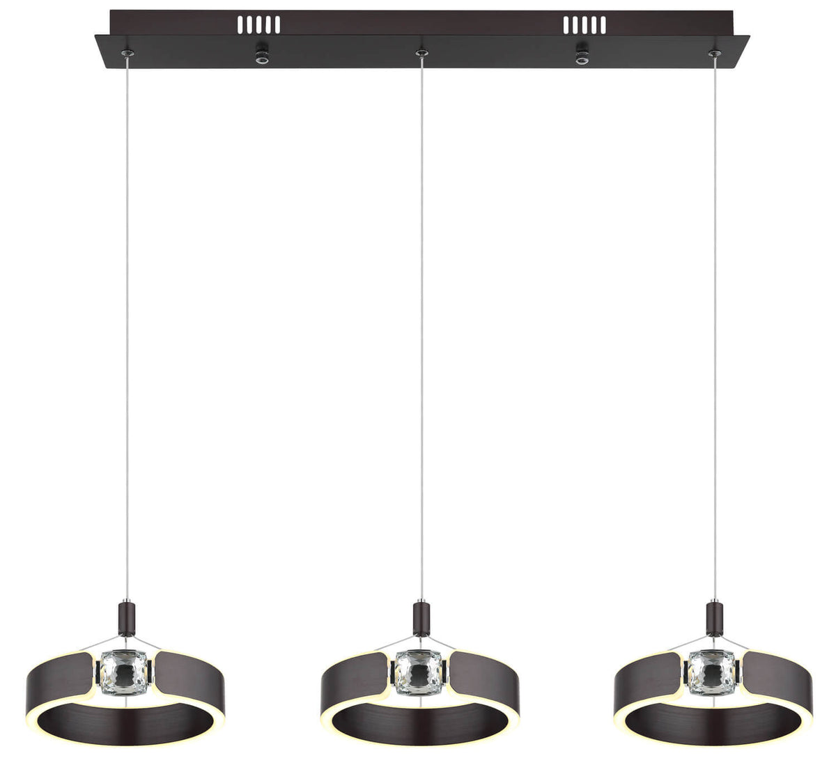 Suspension allumée, halo lumineux sous les anneaux, finition bronze foncé
