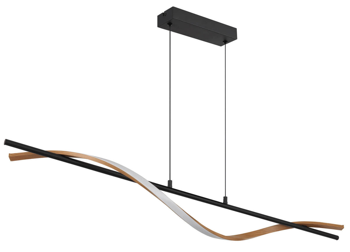 Vue rapprochée du luminaire suspendu noir et bois, mettant en valeur la courbe lumineuse.