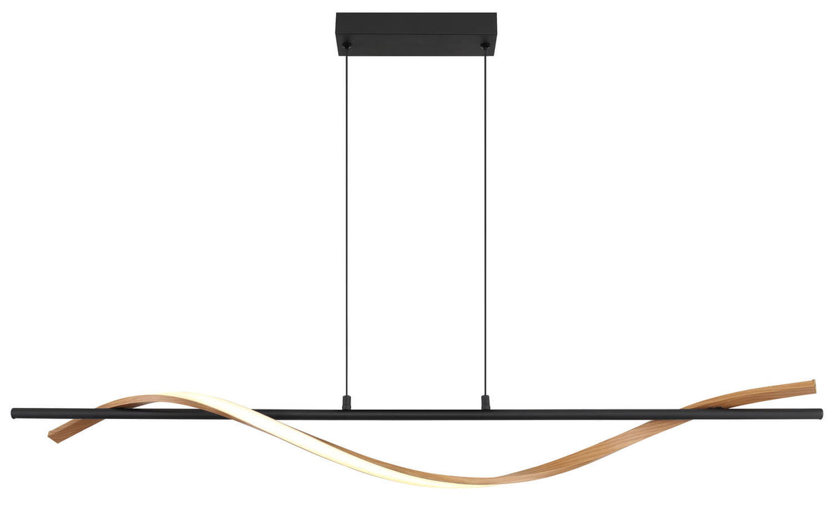 Vue de face du luminaire suspendu avec barre horizontale, câbles et diffuseur ondulé bois.