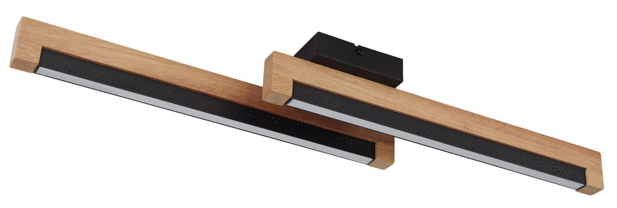 Vue de profil du luminaire dévoilant les deux barres rectangulaires superposées en bois.