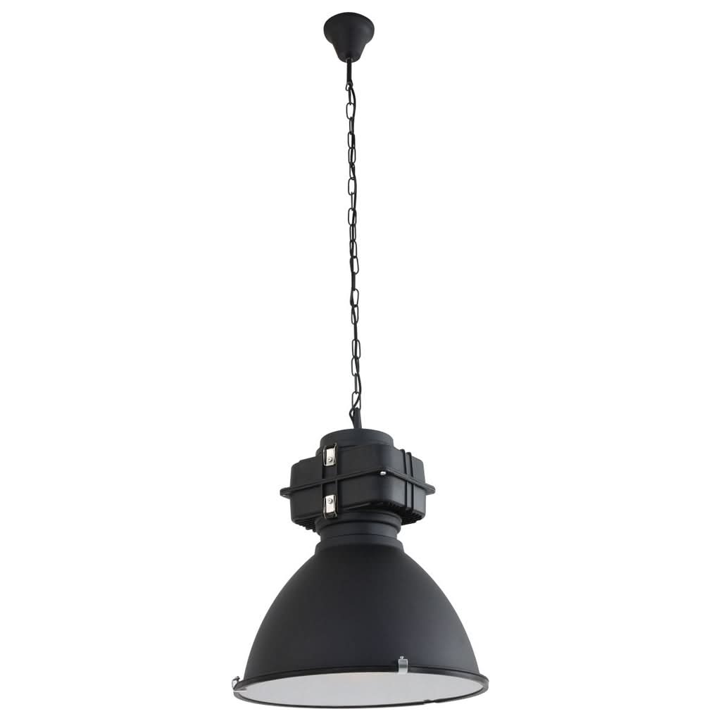 Vue d'ensemble du luminaire suspendu par sa chaîne noire et son pavillon